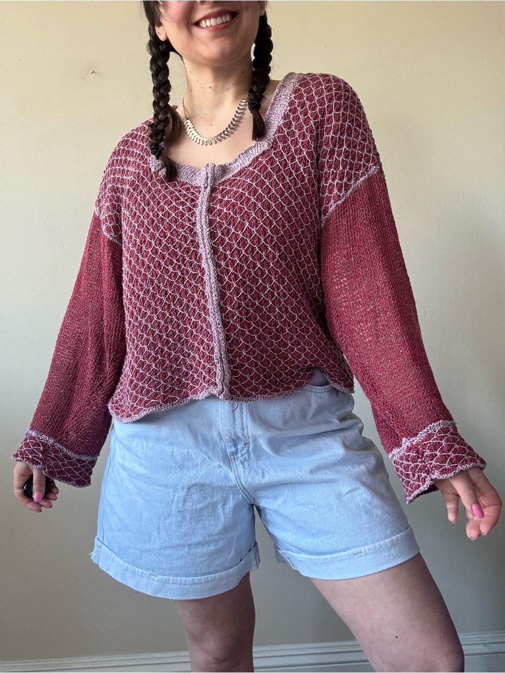 Rose Hand Knit Handmade V-Neck Sweater